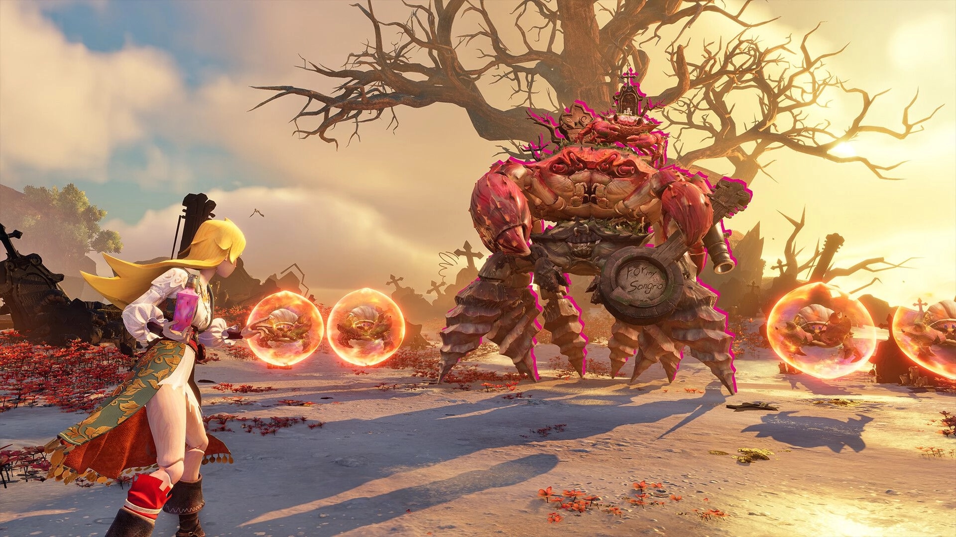 Sea of Remnants: Puppetfolk sailor battles giant crab monster on desolate beach at sunset