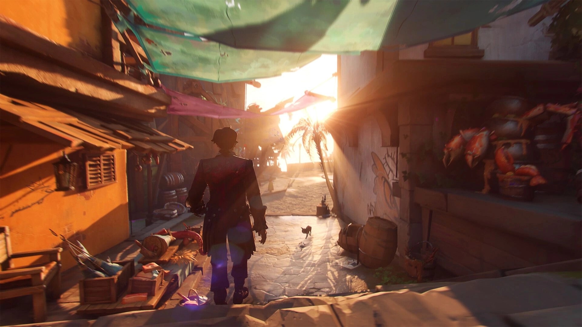 Sea of Remnants: Puppetfolk sailor walks through sunlit Orbtopia street with market stalls and colorful tarps.