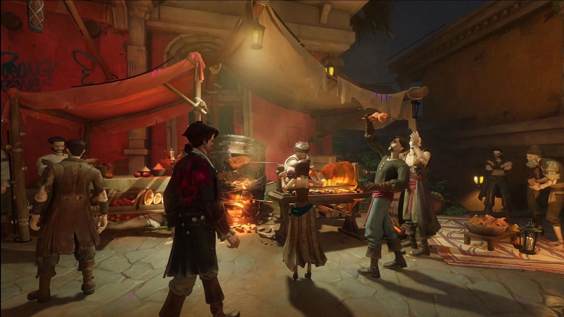 Sea of Remnants: Market scene with puppetfolk sailors enjoying food stalls in a vibrant street setting