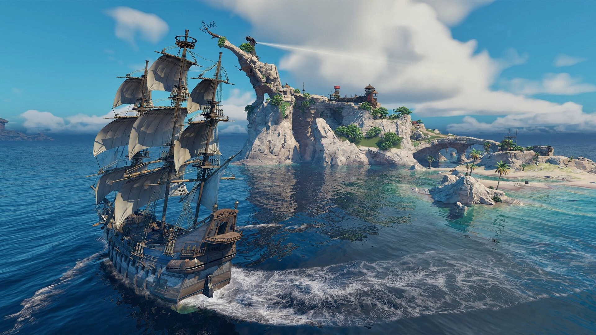 Sea of Remnants: Large sailing ship approaches rocky island with arches and palm trees under clear sky