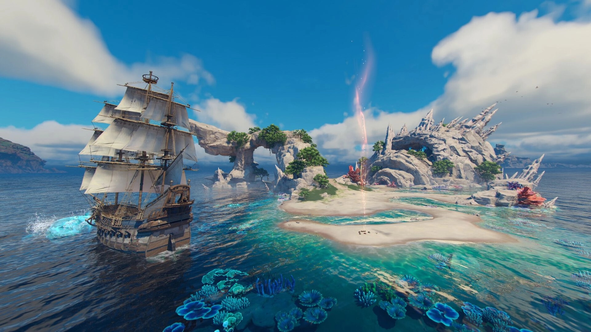 Sea of Remnants: Sailing ship approaches crystal-rich island under bright blue skies and ocean waves.
