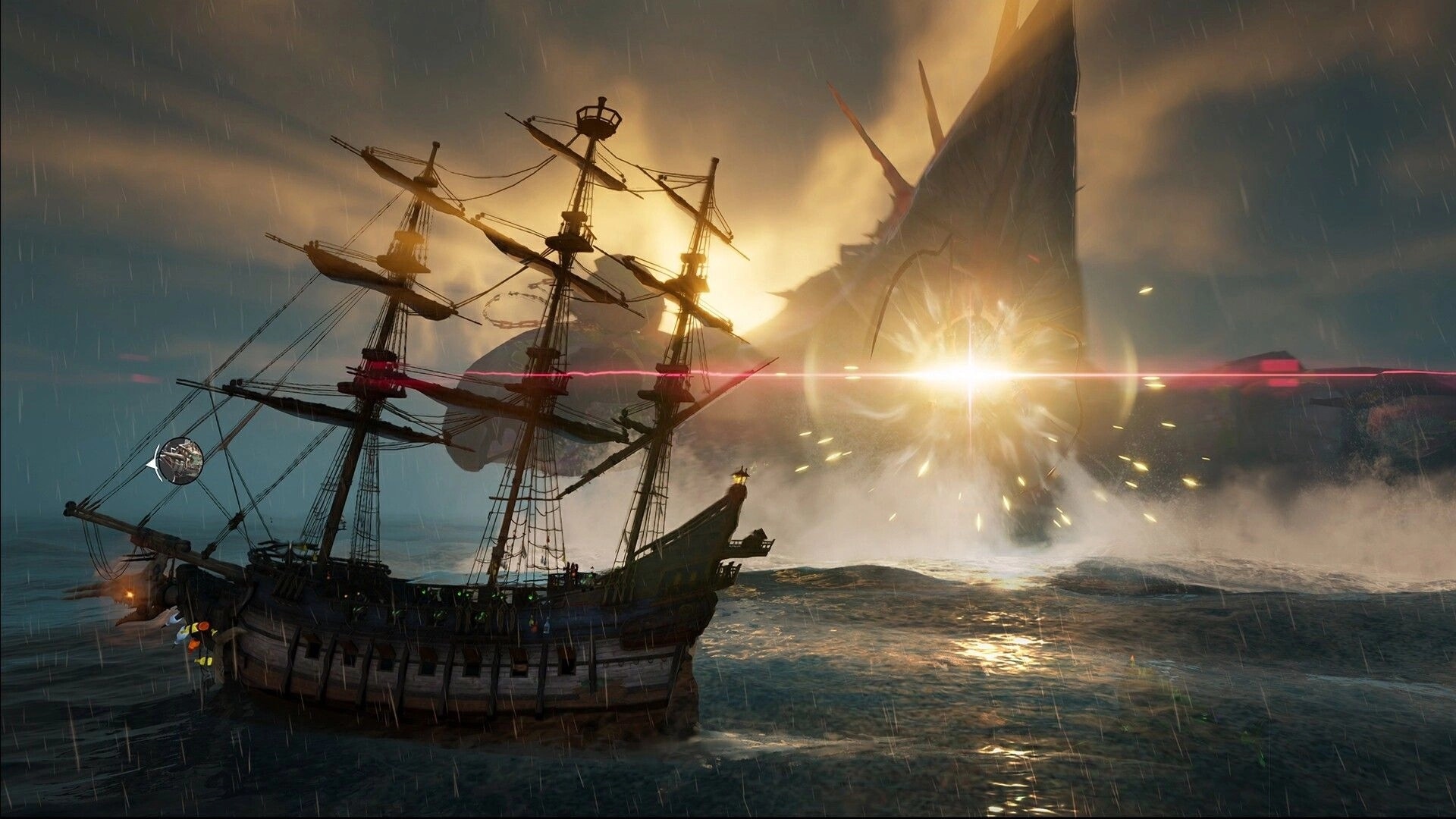 Sea of Remnants: Pirate ship battles sea monster under stormy skies with glowing explosion in the distance