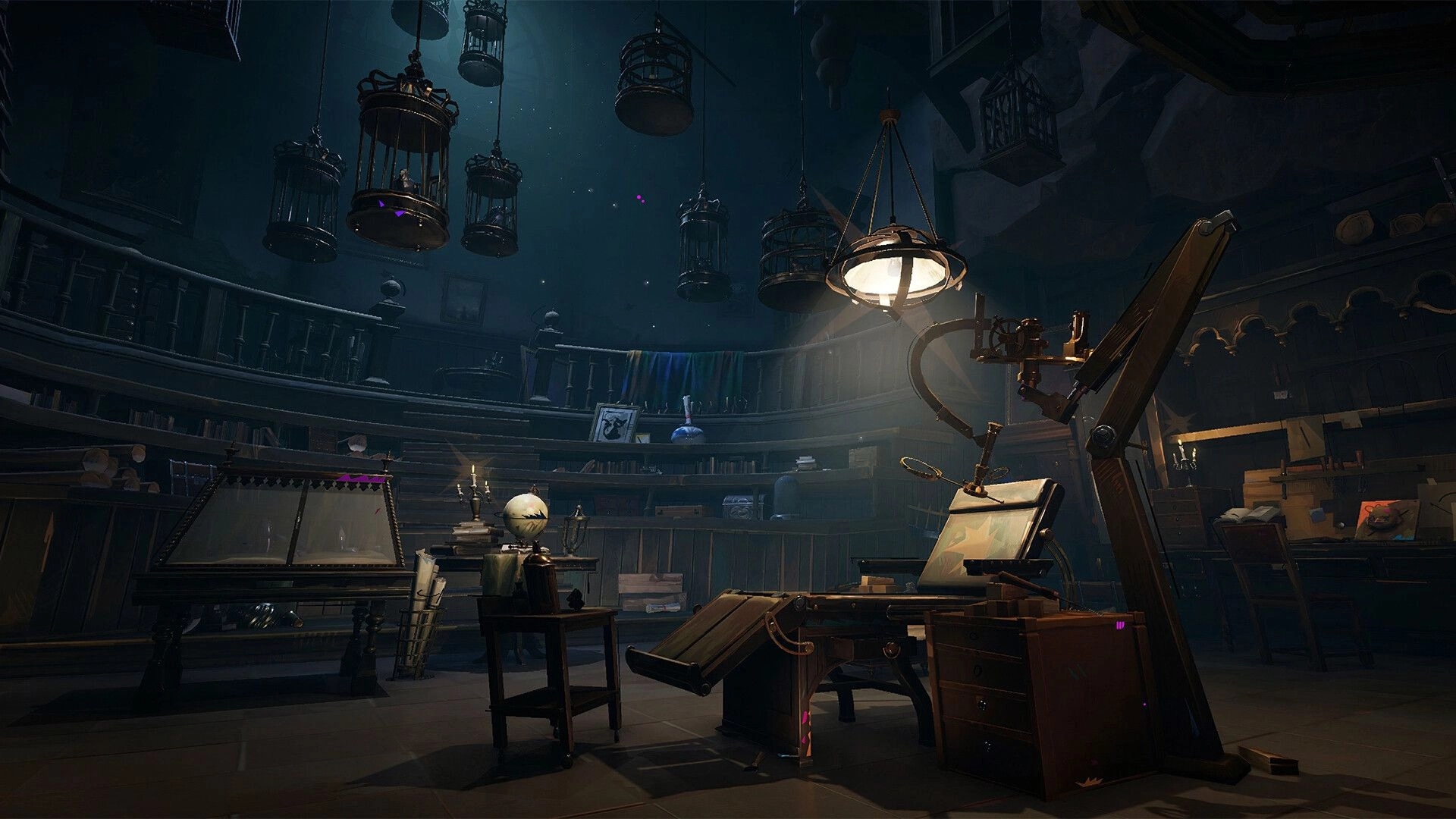 Sea of Remnants: Dimly lit study with hanging cages, a globe, and a drawing desk in a circular library.