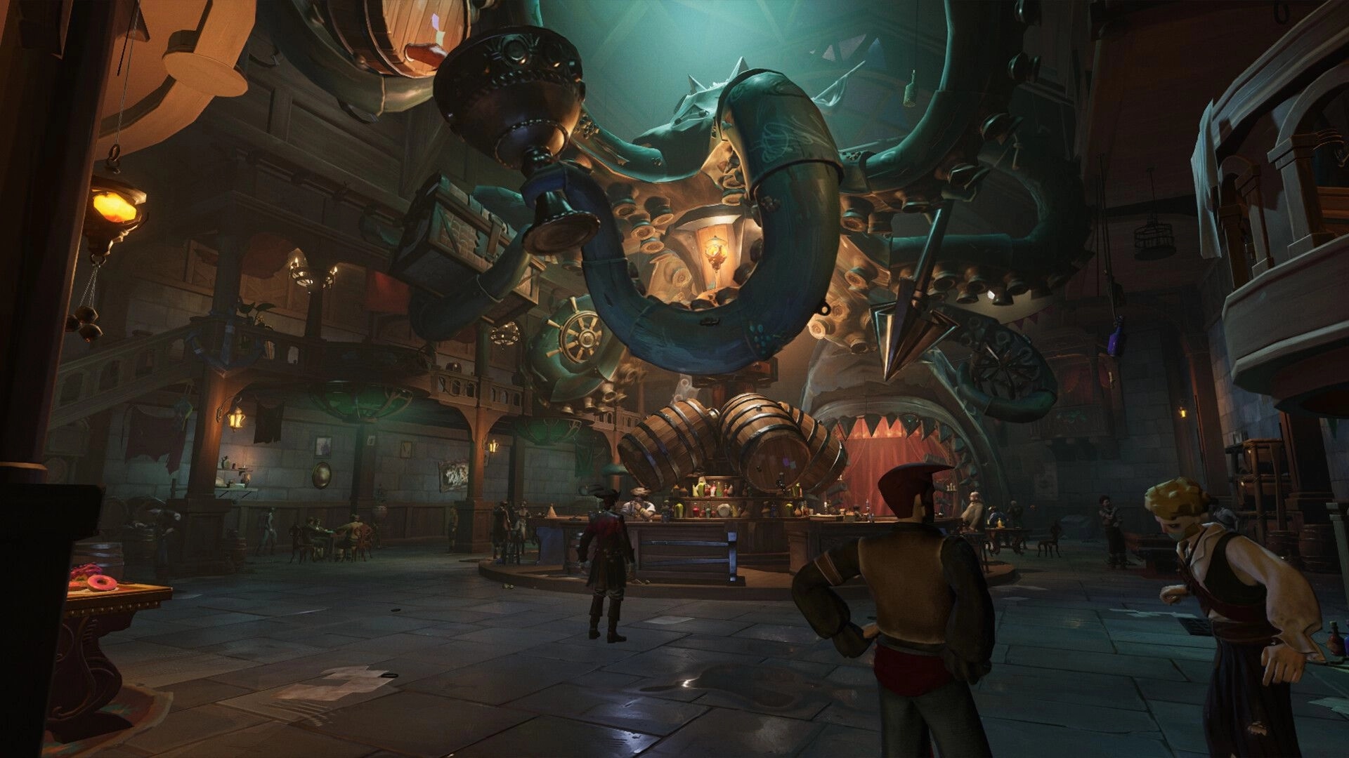Sea of Remnants: Puppetfolk sailor in a bustling tavern with giant kraken sculpture overhead