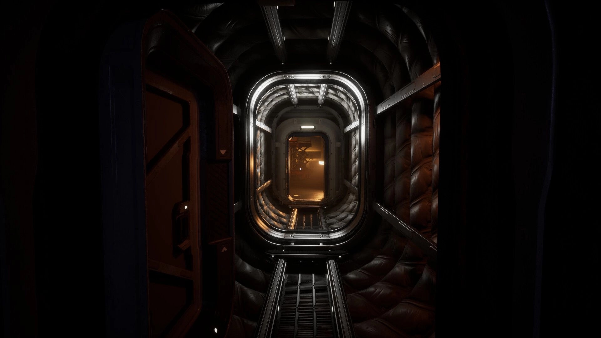 Sea of Tranquility: Dimly lit metallic corridor with padded walls leading to a moon base interior.