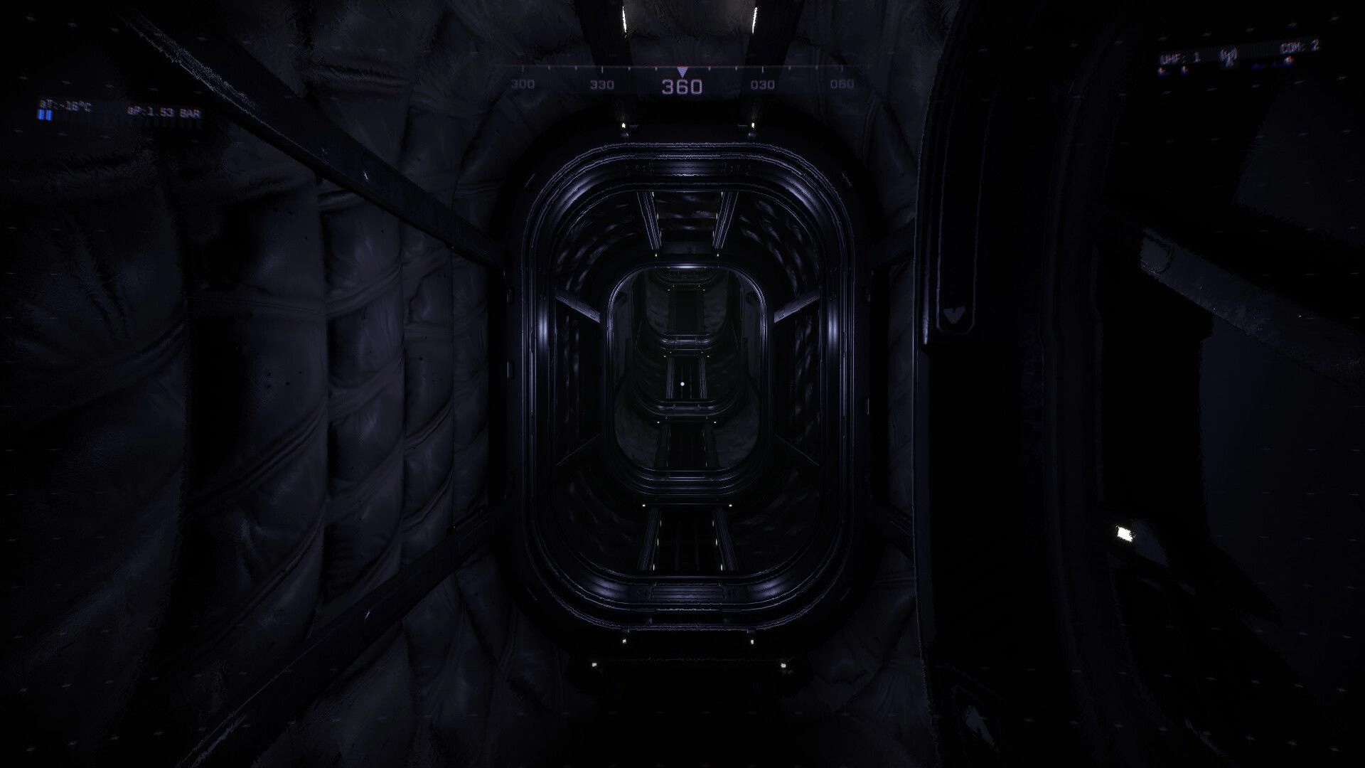 Sea of Tranquility: Dark, metallic corridor with dim lighting and minimal interface elements visible