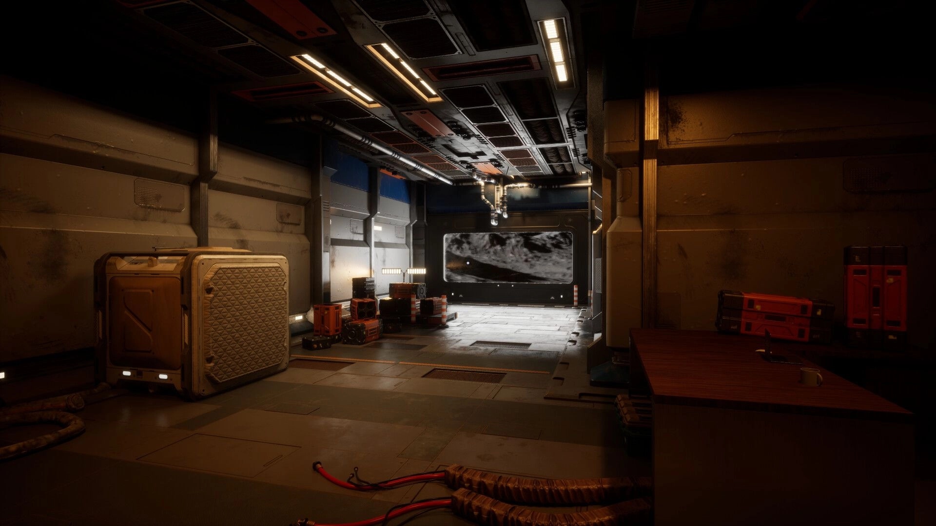 Sea of Tranquility: Moon colony interior with crates and a large window showing lunar surface scenery