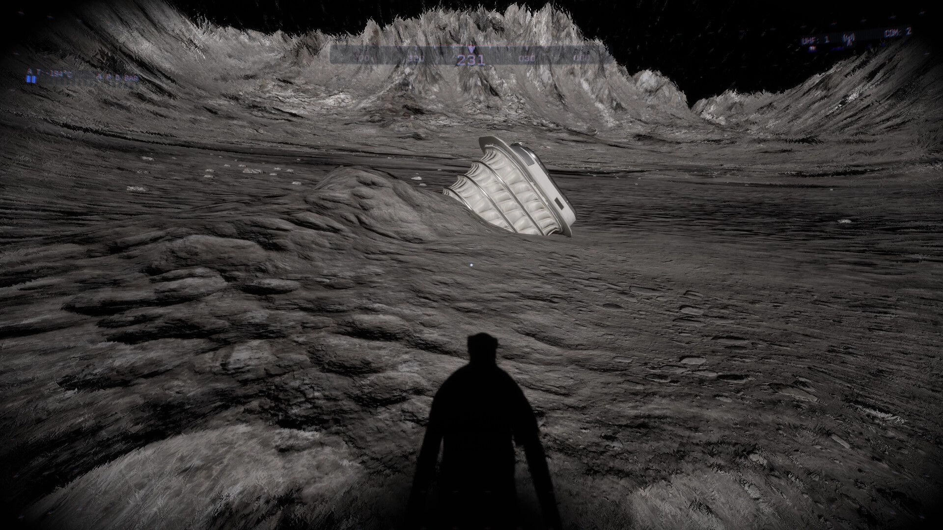 Sea of Tranquility: Shadowed figure approaches crashed lunar module on the moon's barren, cratered surface.