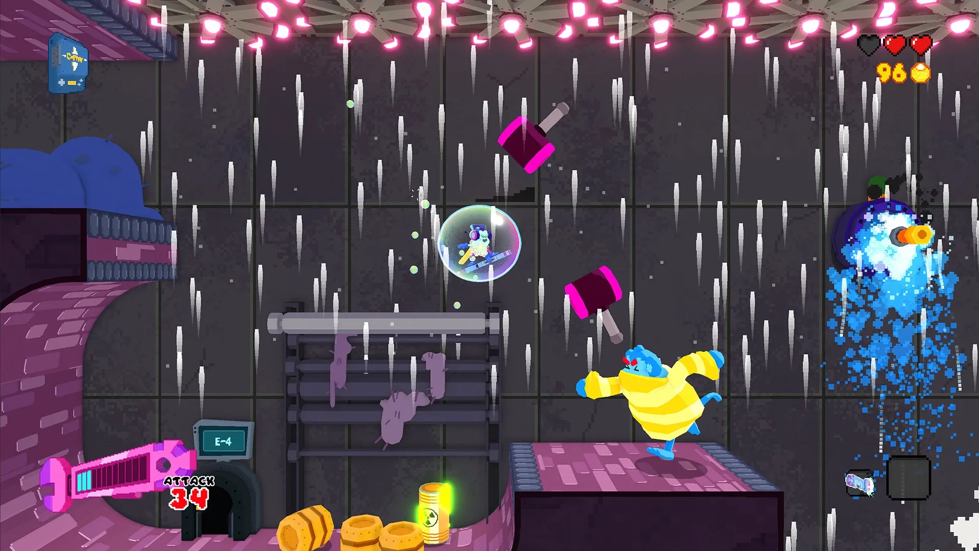 Seafrog: Character in bubble shield dodges hammers in industrial-themed level with glowing lights