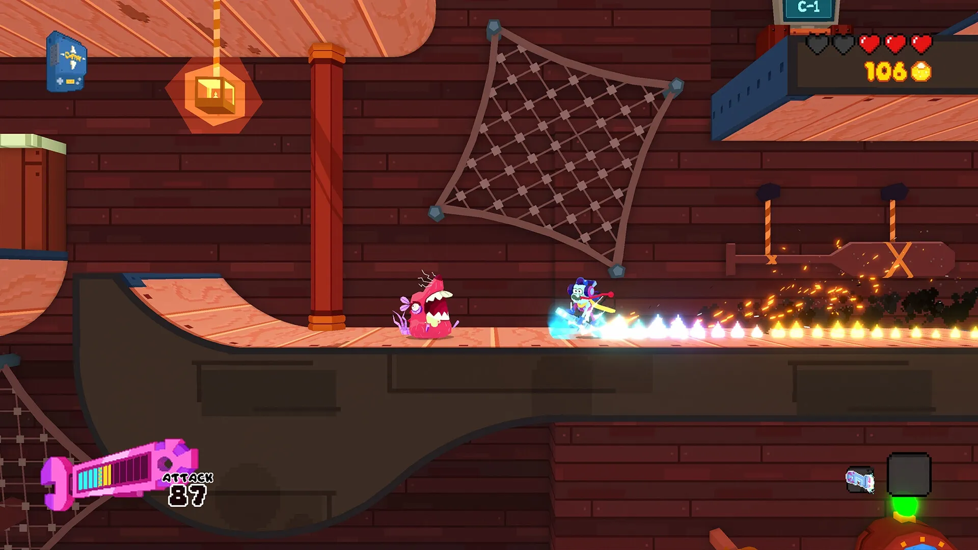 Seafrog: Player character slides with rocket-powered wrench on wooden ramp avoiding enemy in skatepark stage