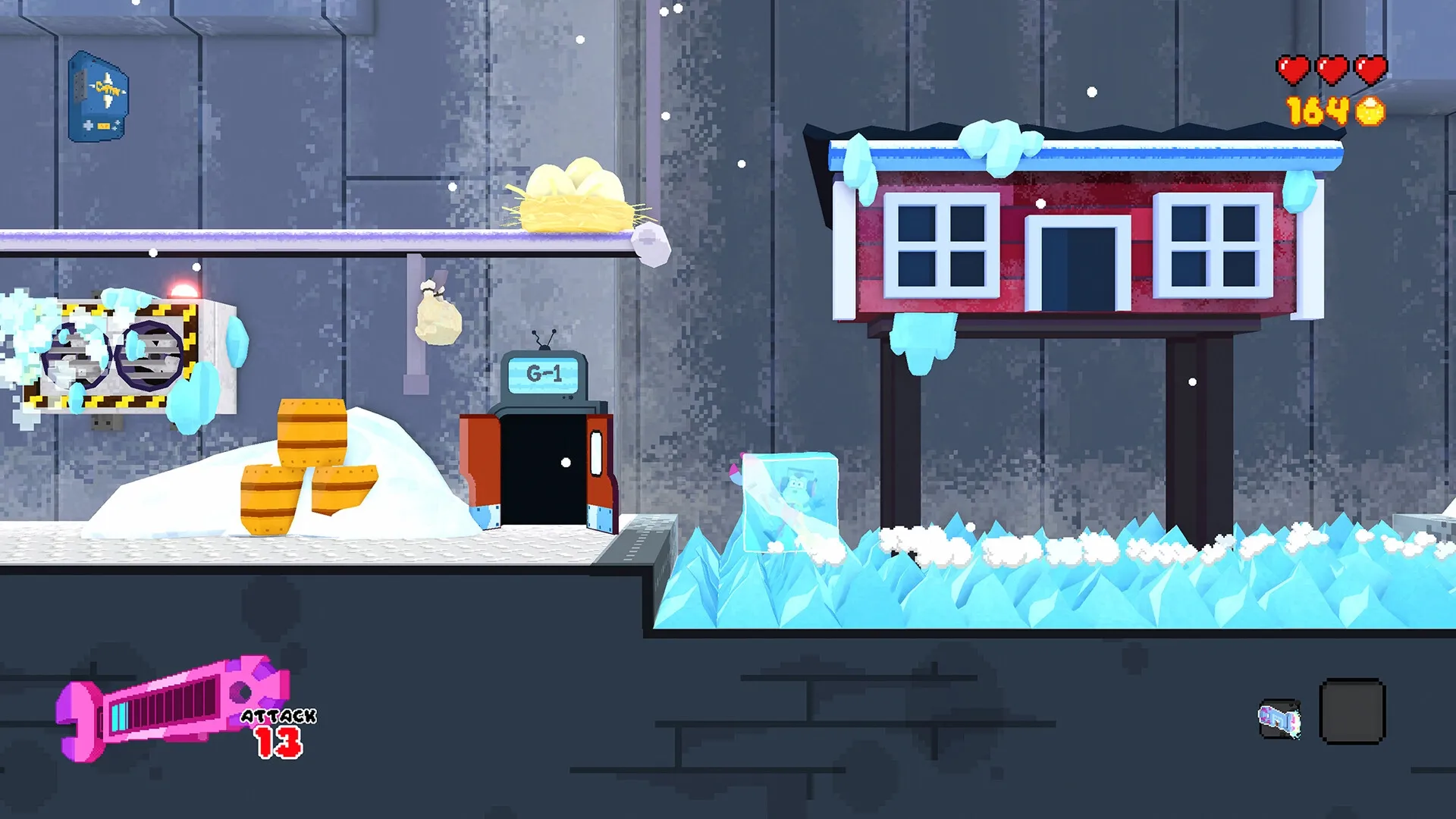 Seafrog: Frozen character in ice block near snowy platform with hearts and coins displayed