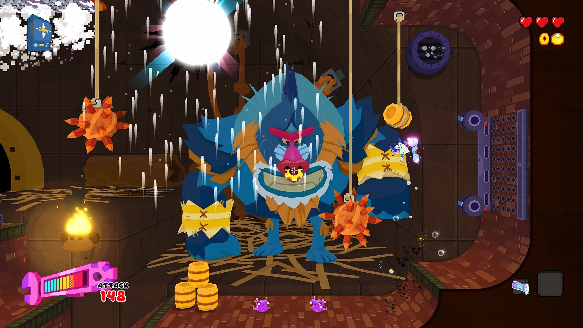 Seafrog: Boss battle with a large blue creature in a wooden arena, UI shows health and attack power
