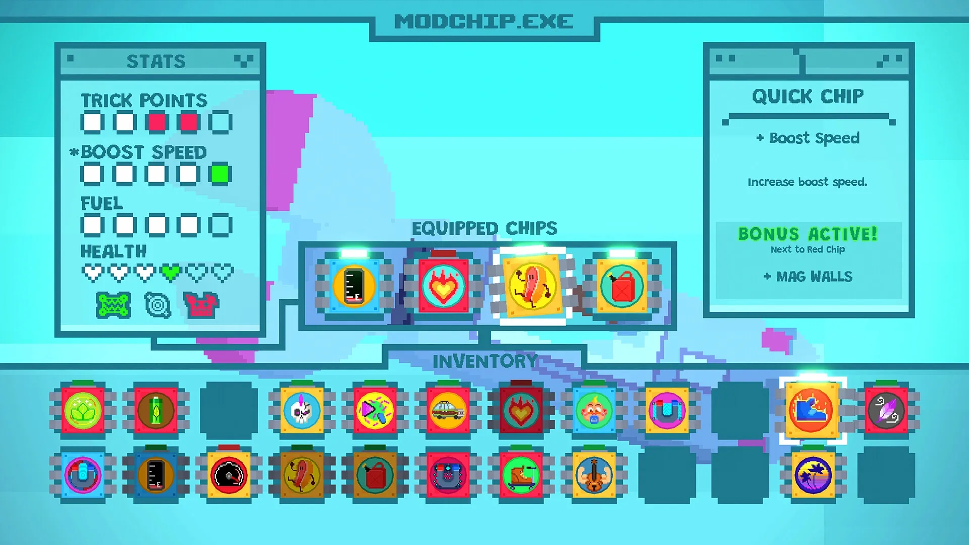 Seafrog: Modchip menu with stats, equipped chips, and inventory in a bright blue interface