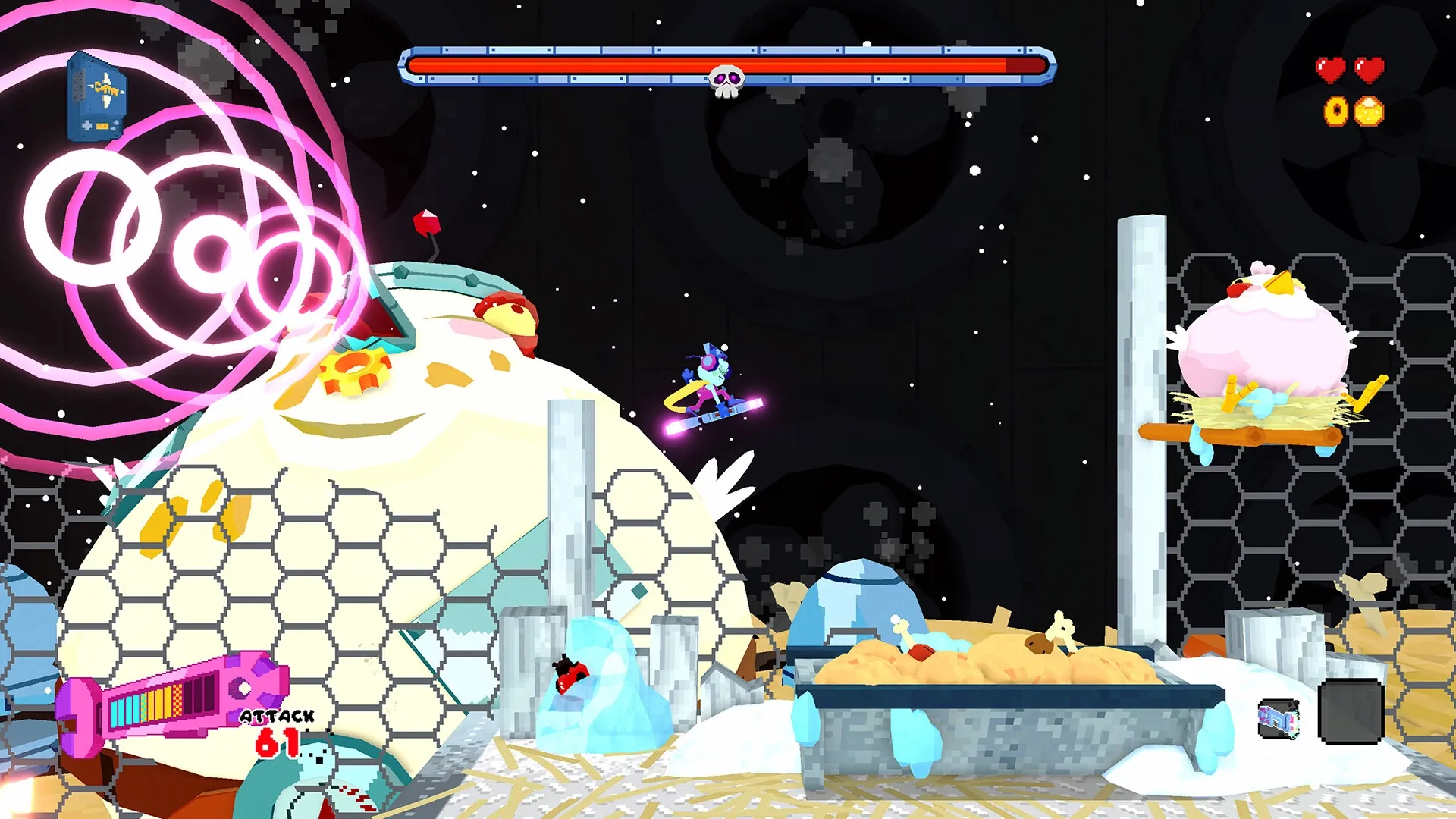 Seafrog: Player on rocket-powered board jumping near enemies and obstacles in space-themed level
