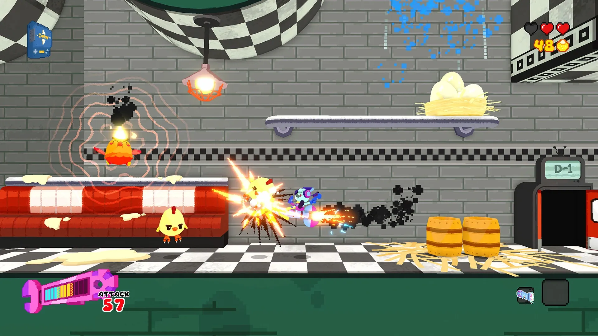 Seafrog: Rocket-powered Seafrog attacks chickens in a diner with checkered floors and neon lights.