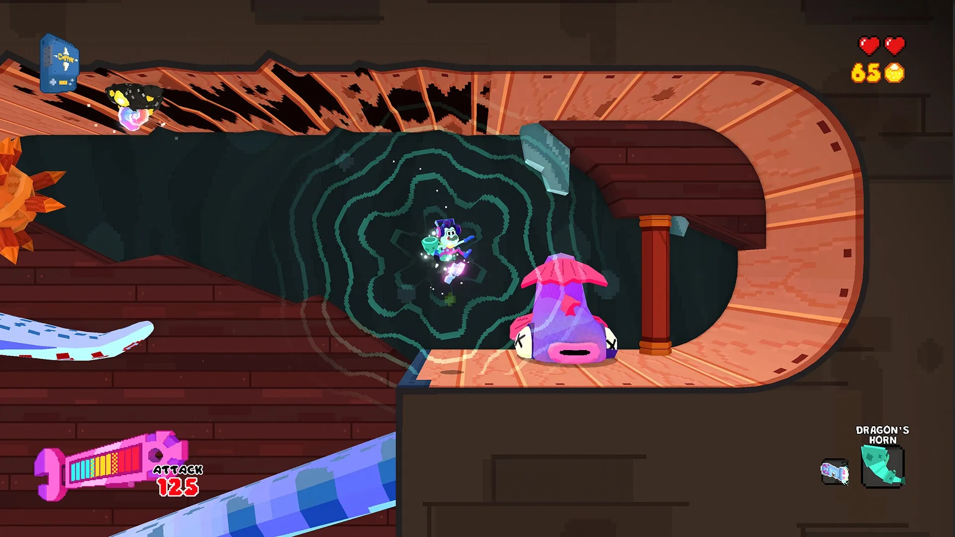Seafrog: Character jumps over a pink sea creature in a wooden tunnel with health and attack UI visible