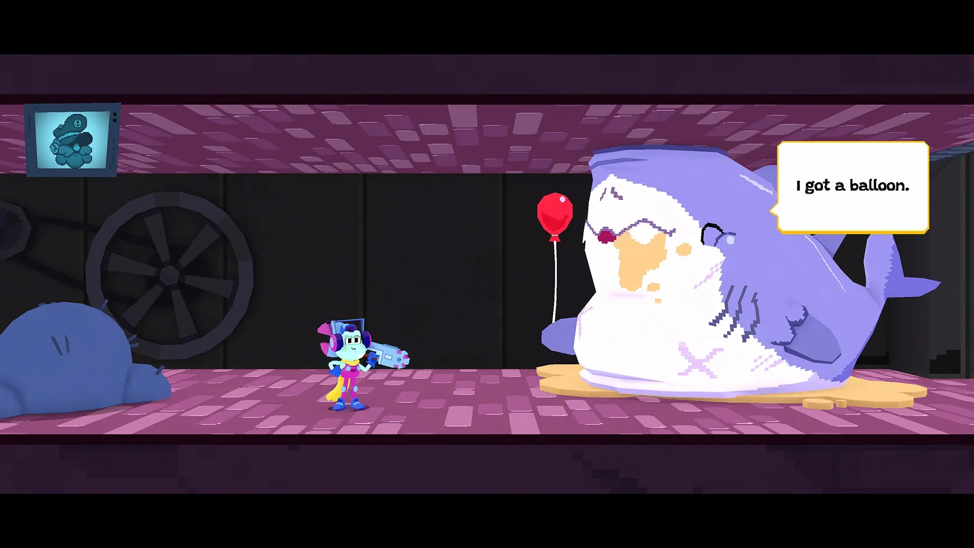 Seafrog: Character encounters a large creature with a speech bubble in a dark, mechanical room.