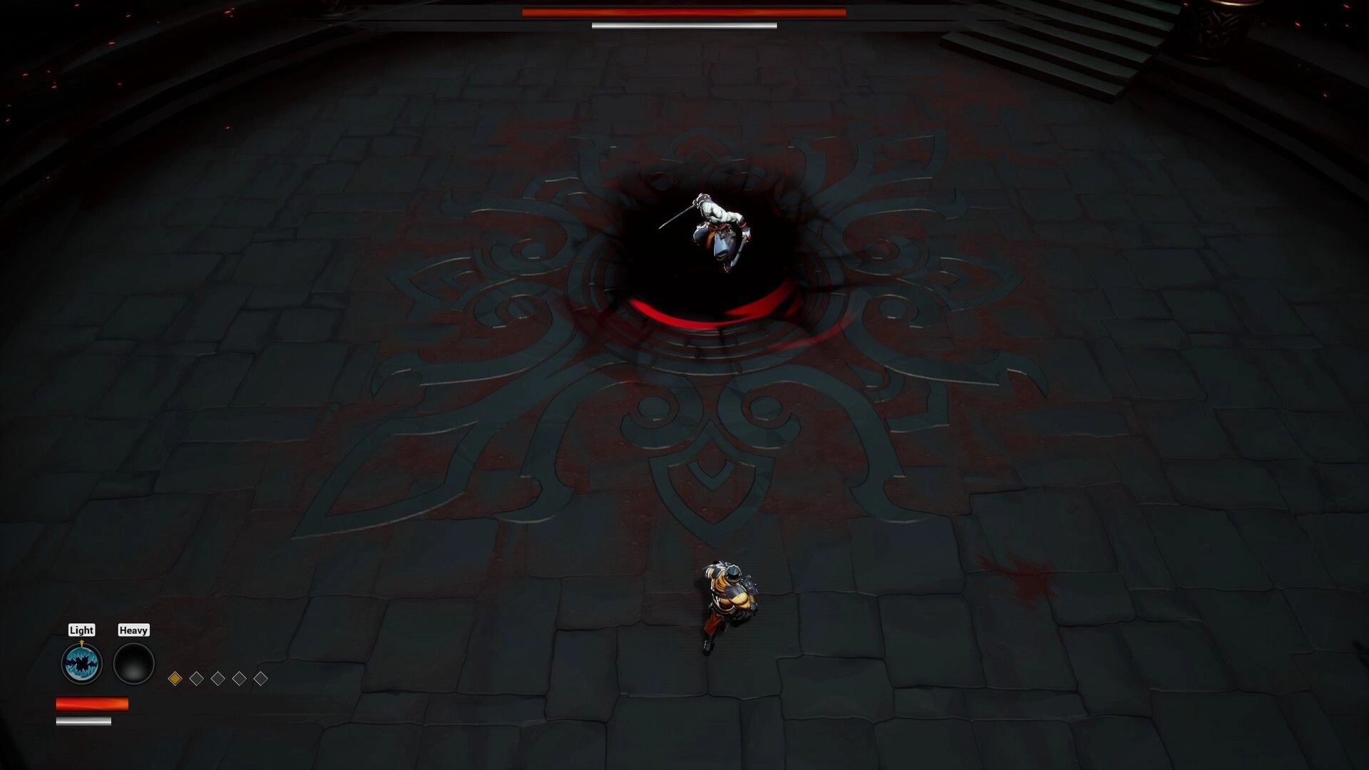 Sealbreakers: Warrior faces a white-clad boss in a rune-marked stone arena with health bars UI.