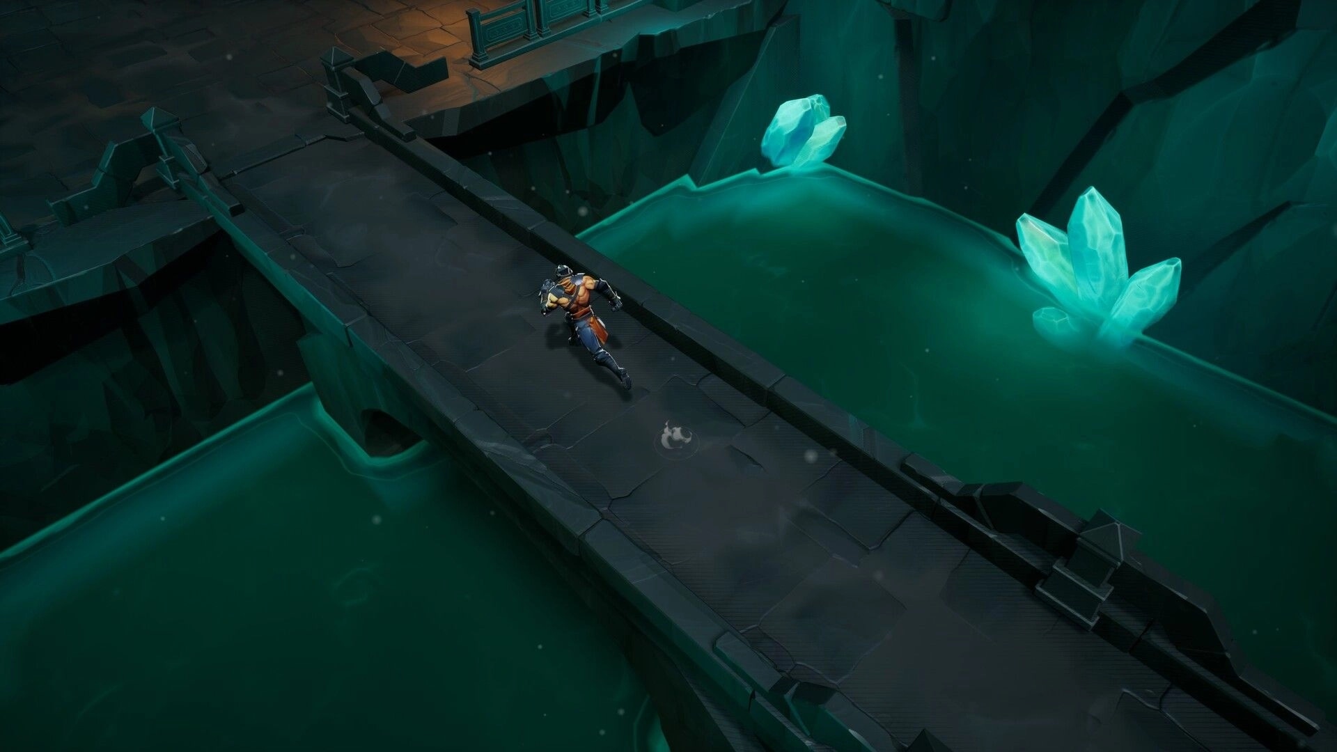 Sealbreakers: Armored fighter runs across a stone bridge over glowing green chasm with crystals.