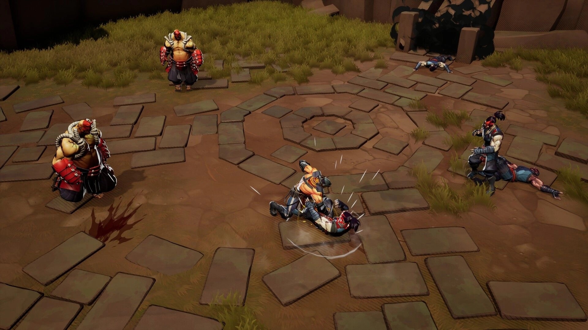 Sealbreakers: Brawler pins an enemy while two hulking foes watch in a grassy stone courtyard arena.
