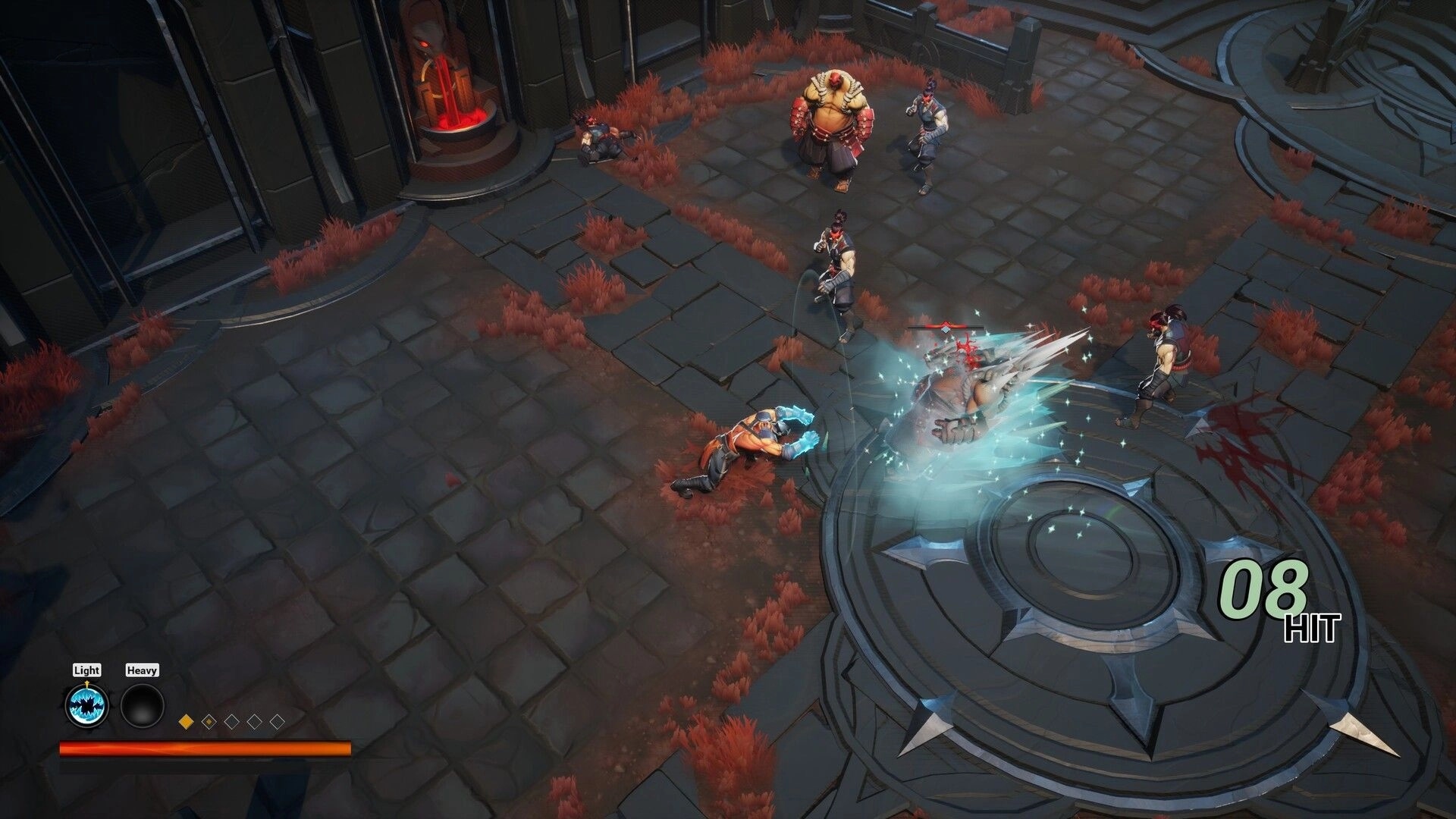 Sealbreakers: Warrior lands an icy slam on enemies in a stone courtyard, 08 HIT combo UI visible.