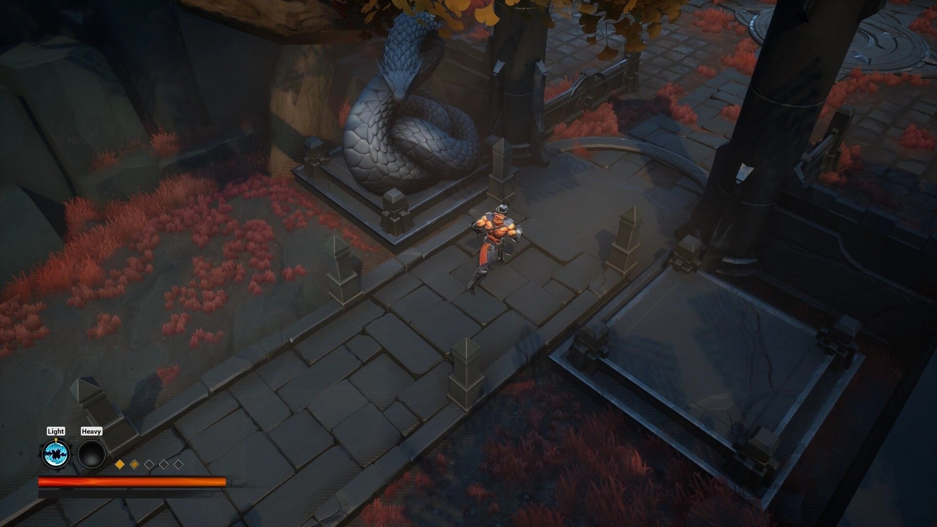 Sealbreakers: Warrior runs along stone bridge past snake statue in ruined garden, health bar UI visible.
