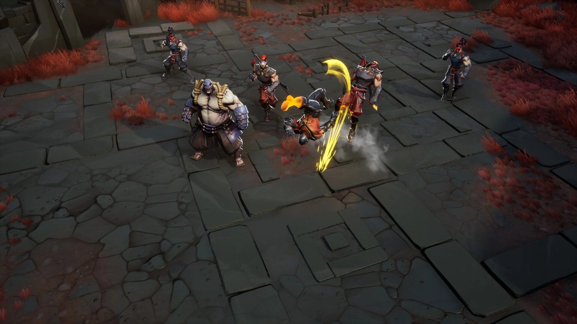 Sealbreakers: Fighter lands a spinning kick on masked bandits in a stone courtyard with red grass.