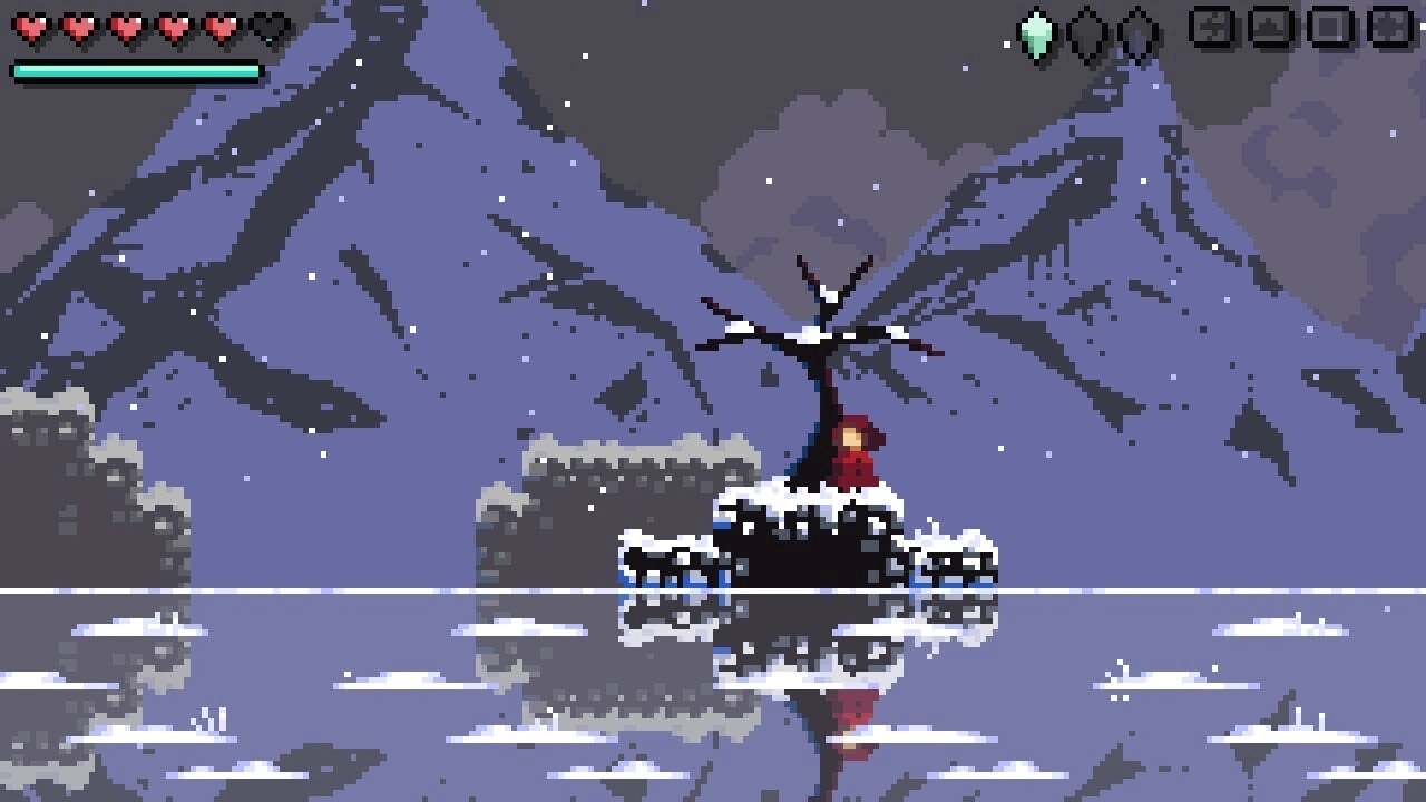 Sealed Bite: Emilia stands by a barren tree on a snowy island with her health bar visible.
