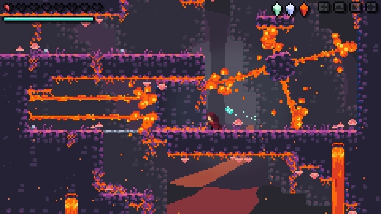 Sealed Bite: Emilia navigates lava-filled cavern platforms, avoiding fiery hazards in pixel art style.