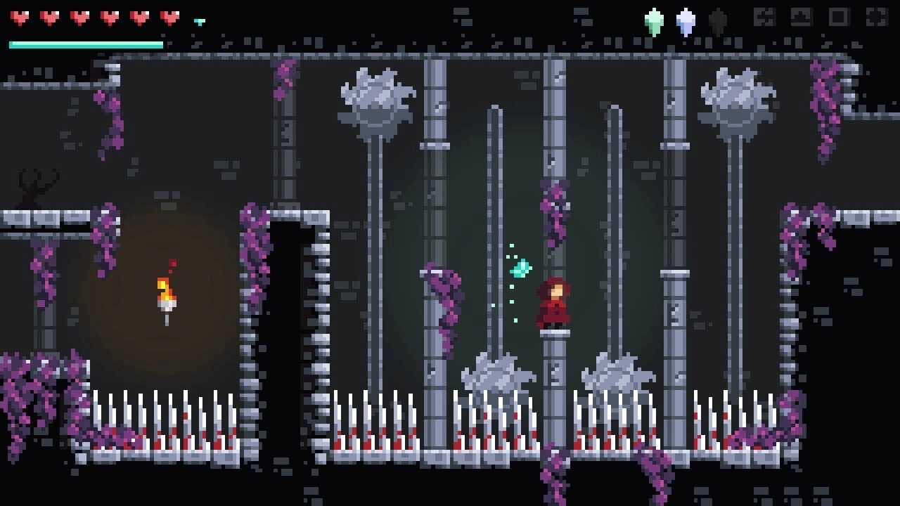 Sealed Bite: Emilia navigates spike traps in a dimly lit dungeon with hanging vines and torchlight.