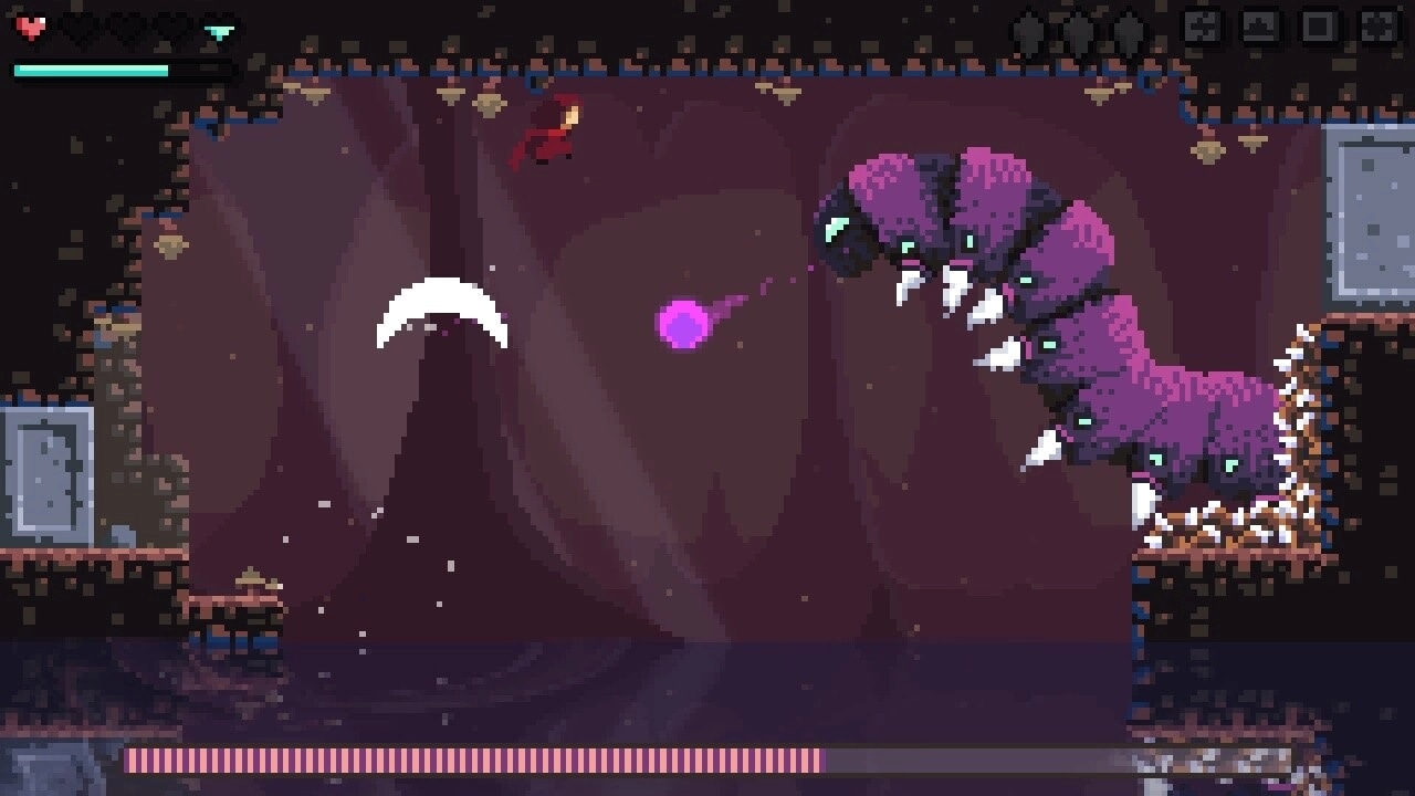 Sealed Bite: Emilia battles a giant worm in a dark cave with health bar and controls at the top.