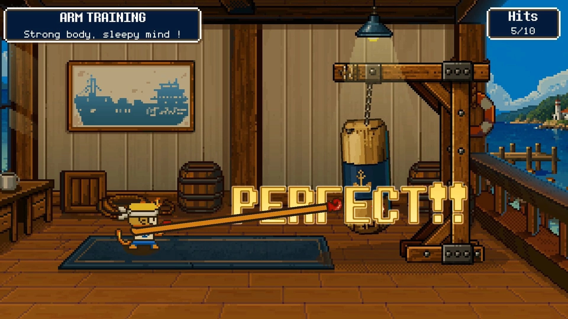 Seaside Wash: Arm training minigame landing a perfect hit on punching bag inside dockside gym room.