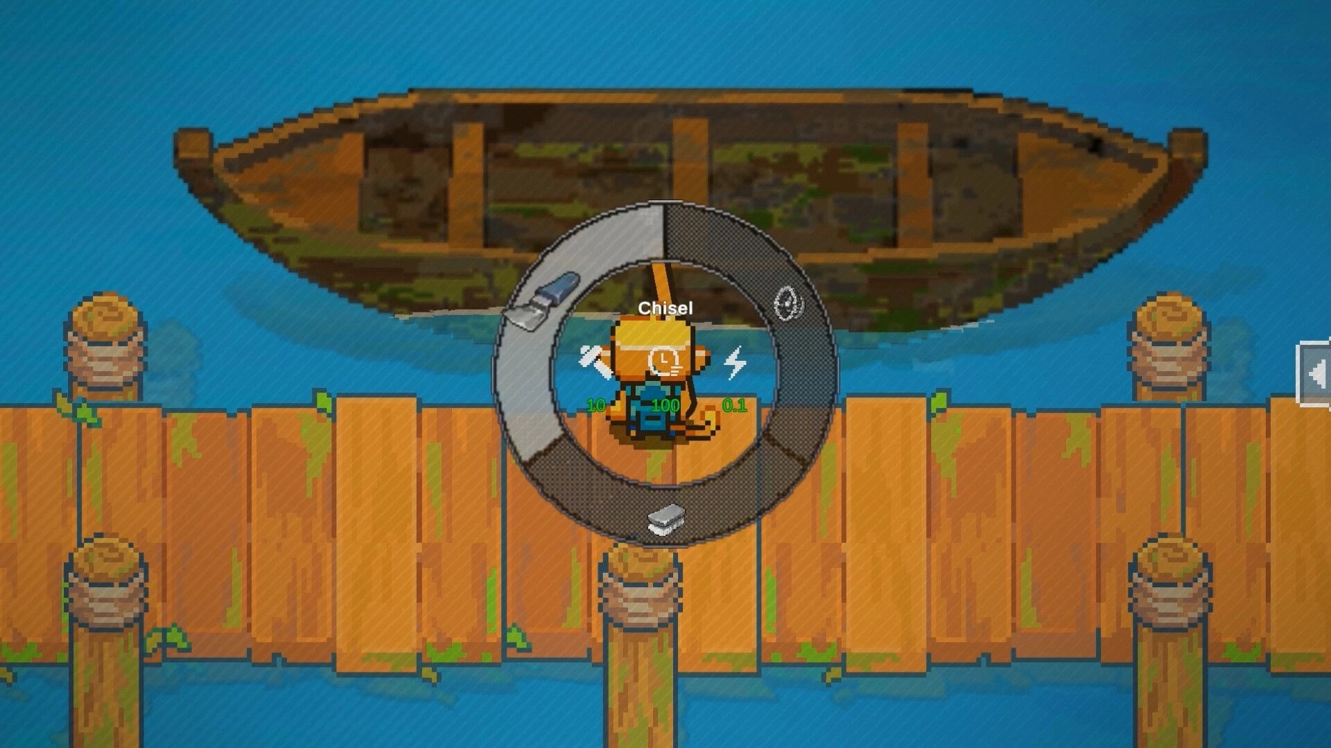 Seaside Wash: Tool wheel selecting Chisel over a dock, with a rusty ship hull floating nearby offshore.