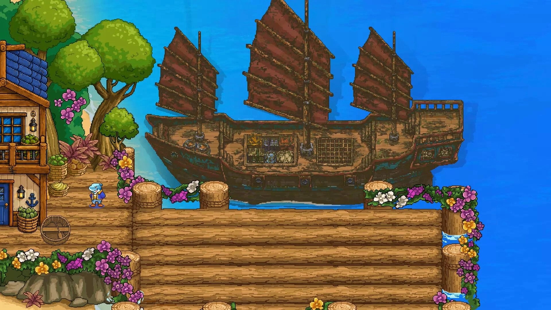 Seaside Wash: Player stands on flowered dock beside a large junk ship with red sails in calm harbor.