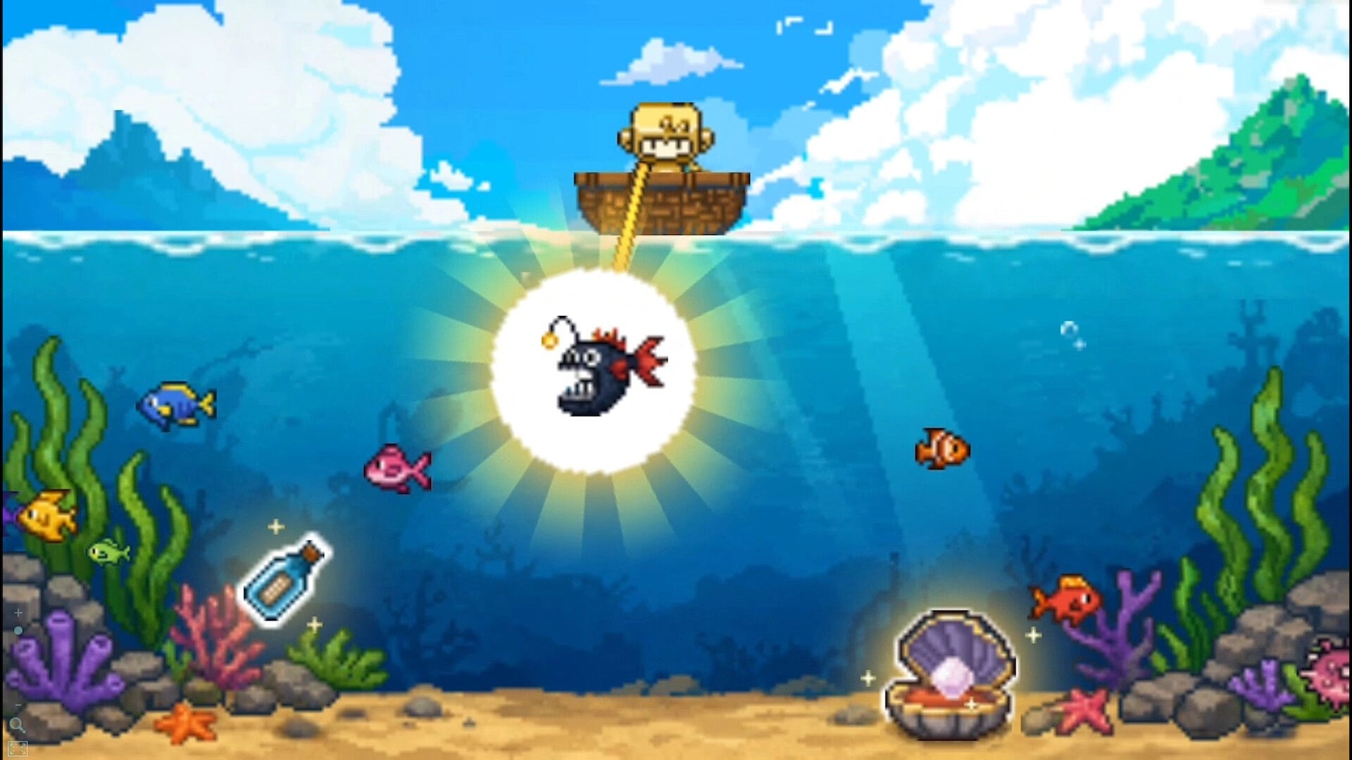 Seaside Wash: Fishing minigame with hook catching an anglerfish underwater amid colorful fish and coral reef.