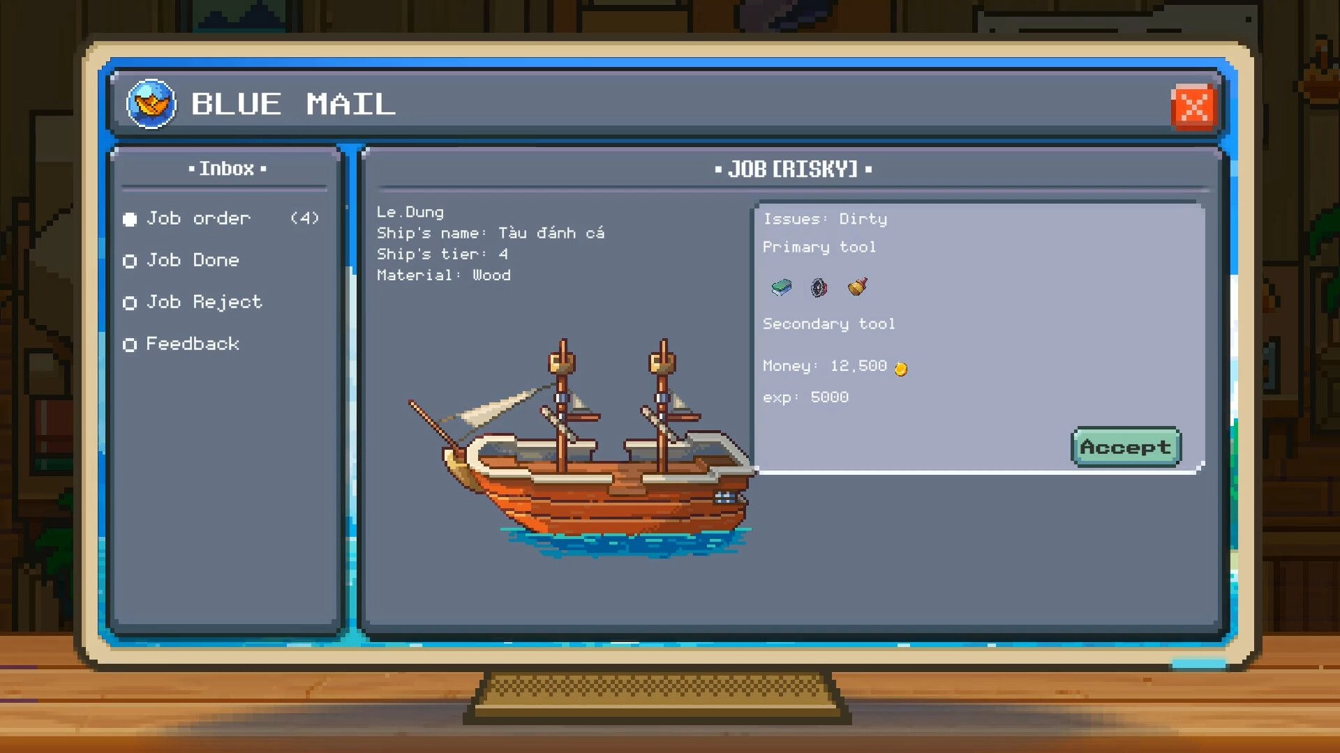 Seaside Wash: Blue Mail job order screen listing a dirty wooden ship and reward, with Accept button.