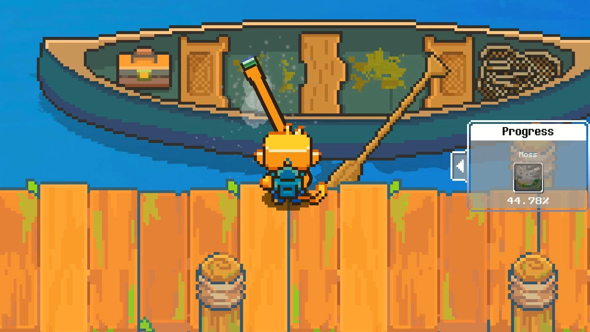 Seaside Wash: Player sprays moss off a boat from the dock, Progress panel shows Moss 44.78%.