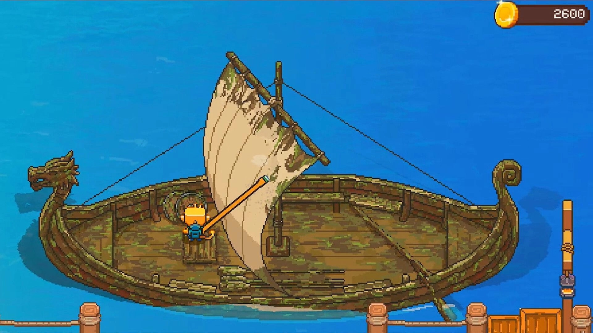 Seaside Wash: Player scrubs a mossy sail on a wooden longship docked in blue water, coin UI visible.