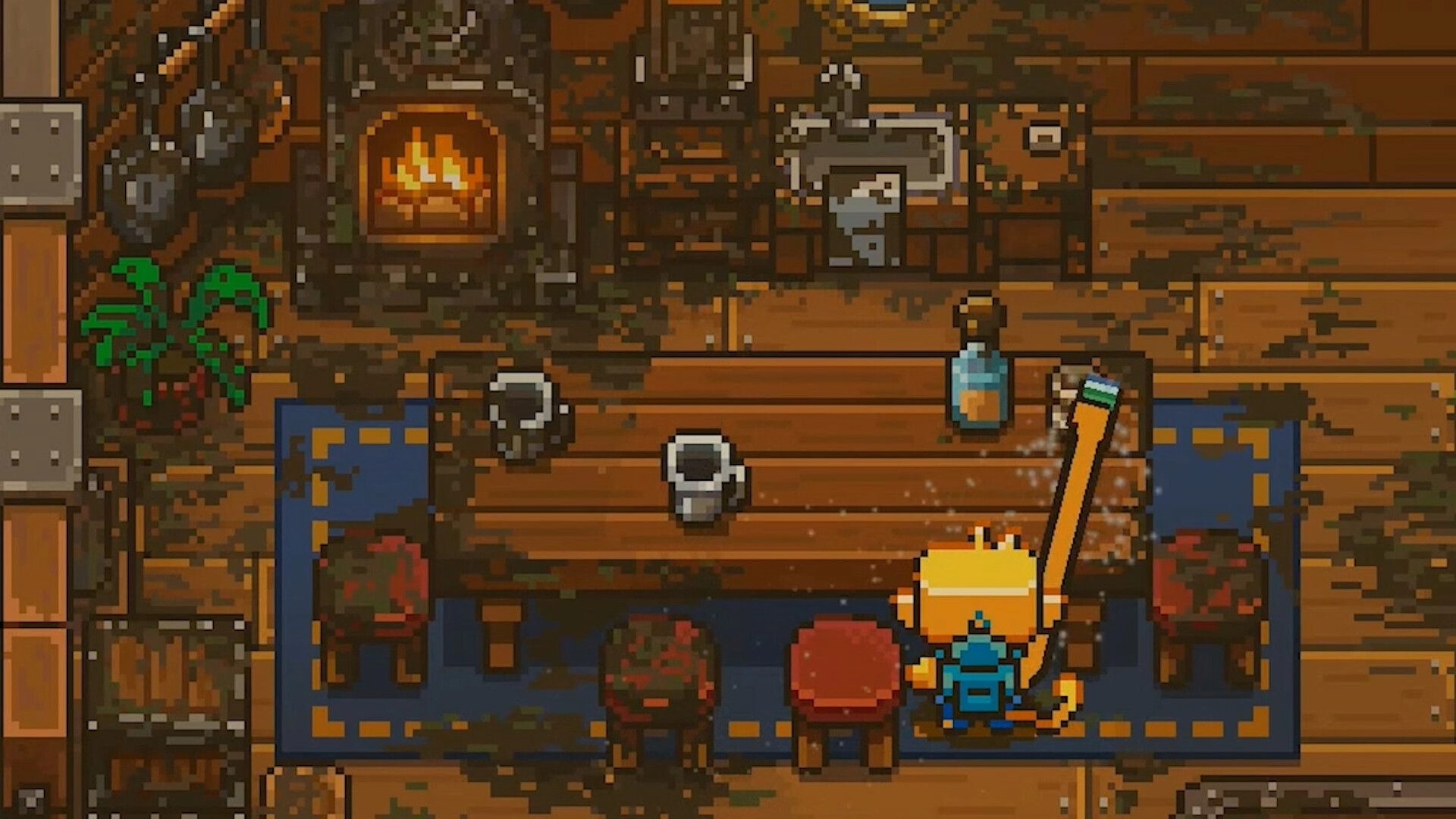 Seaside Wash: Player scrubs a wooden table in a cozy tavern with mugs, stools, and fireplace nearby.