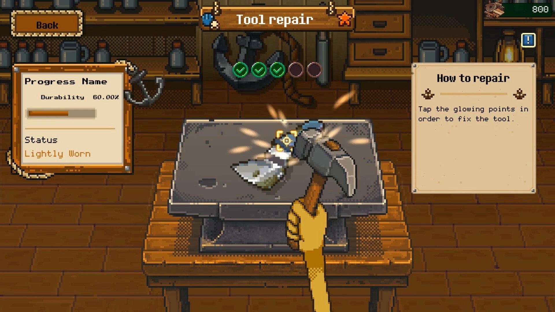 Seaside Wash: Tool repair minigame hammering a pickaxe on anvil with durability and how-to panels.