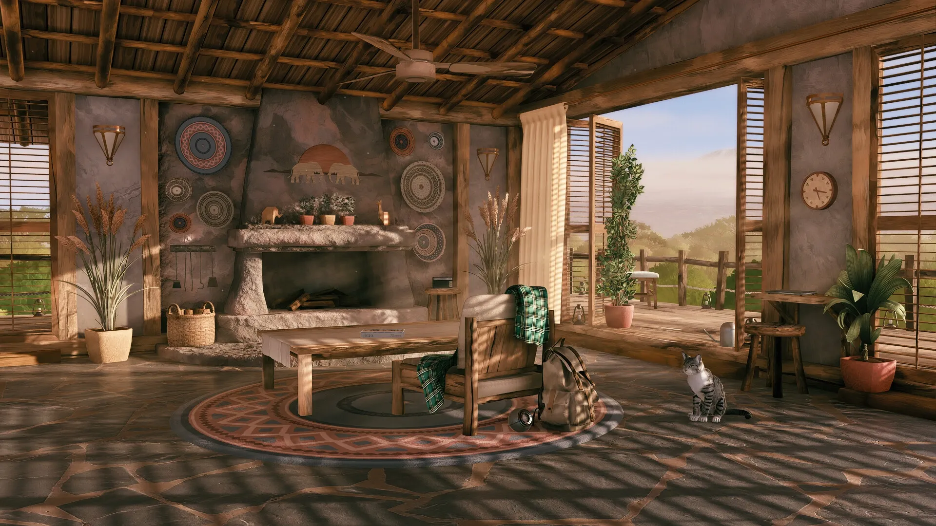 Seclusa: Cozy safari lodge interior with cat, armchair, and scenic view through wooden blinds