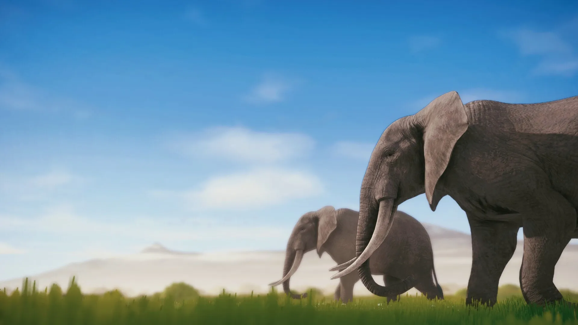 Seclusa: Two elephants walking through grassy savanna under clear blue sky in East African safari setting