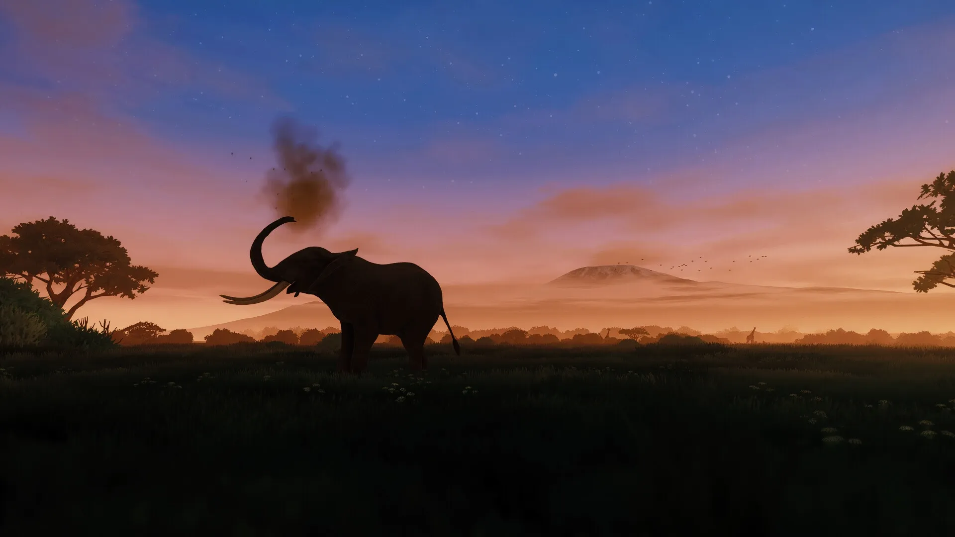 Seclusa: Elephant silhouette at sunset with distant giraffes and mountain in East African savanna.
