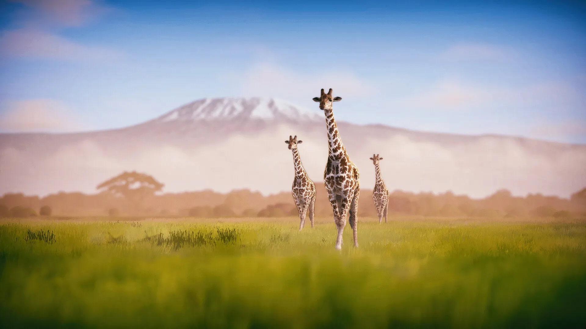 Seclusa: Giraffes walking across a grassy savanna with a mountain backdrop under a clear blue sky
