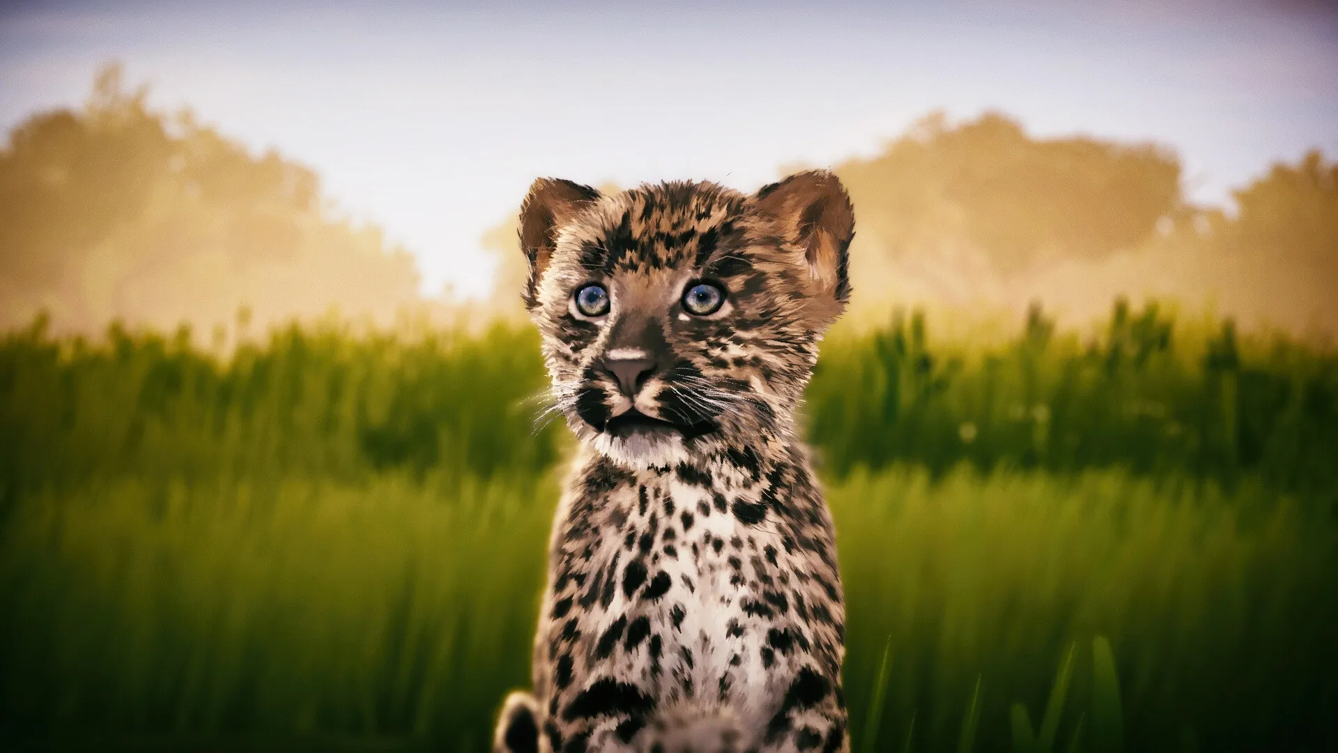 Seclusa: Leopard cub sitting in tall grass with blurry trees in the background, under a clear sky