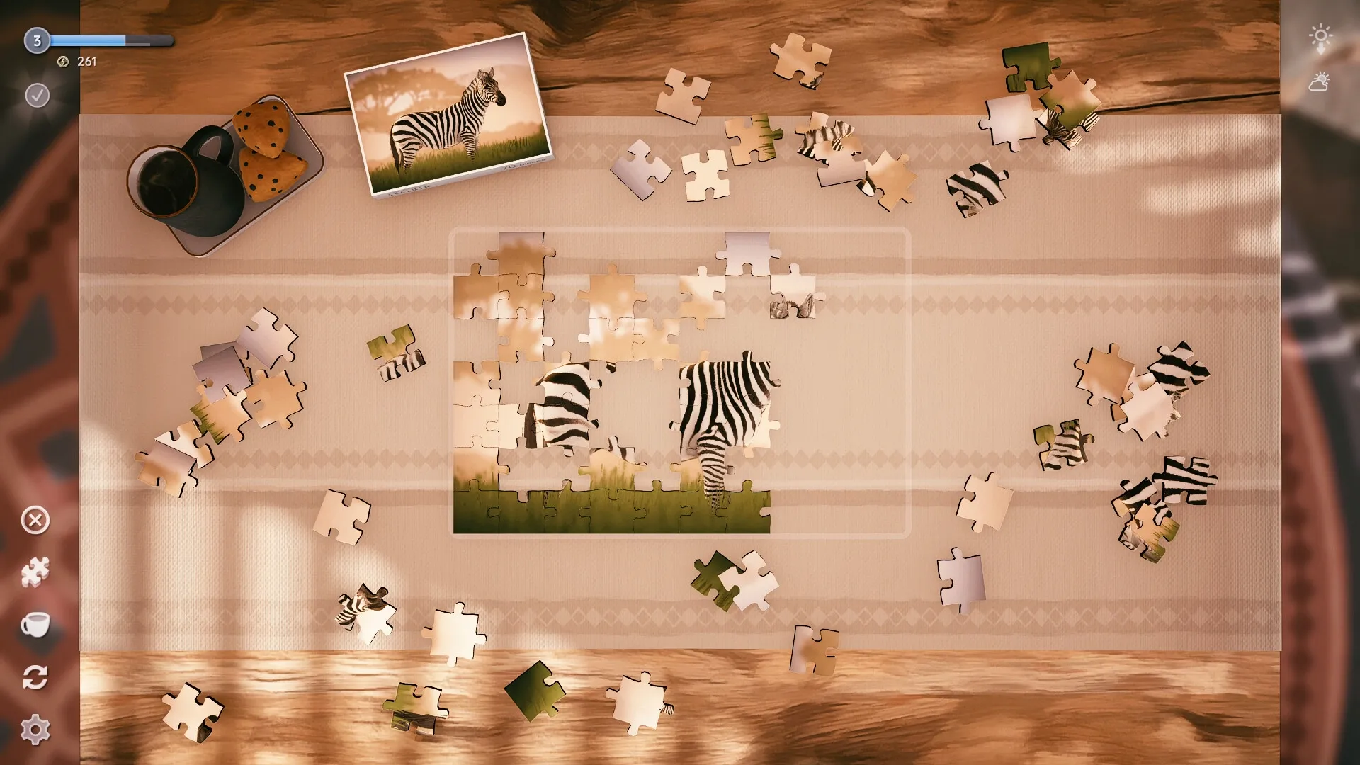 Seclusa: Puzzle assembly of a zebra photo on a wooden table, with coffee and muffins nearby.