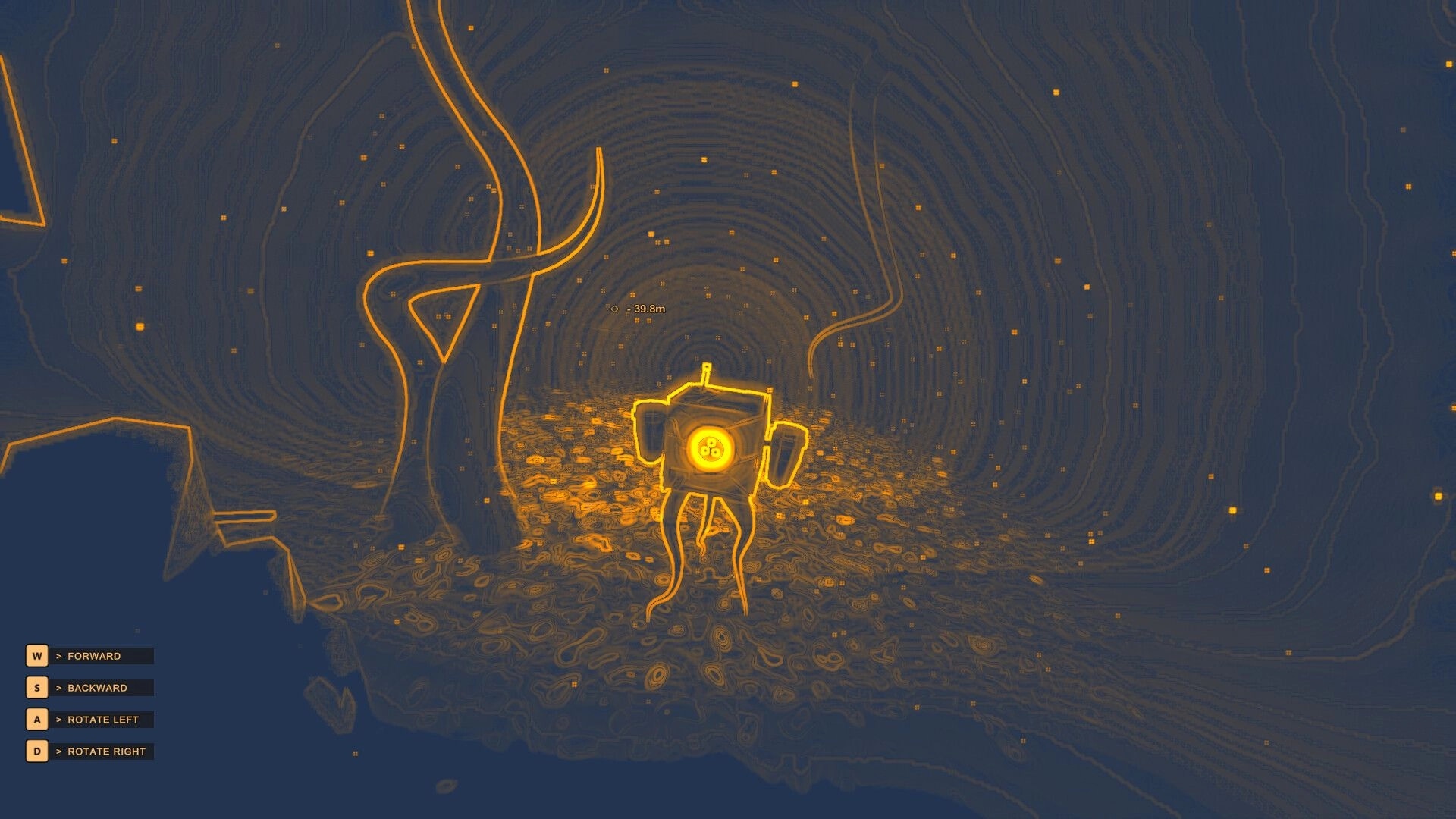SECTOR ZERO: Glowing monster explores cavern with control instructions displayed on the left panel.