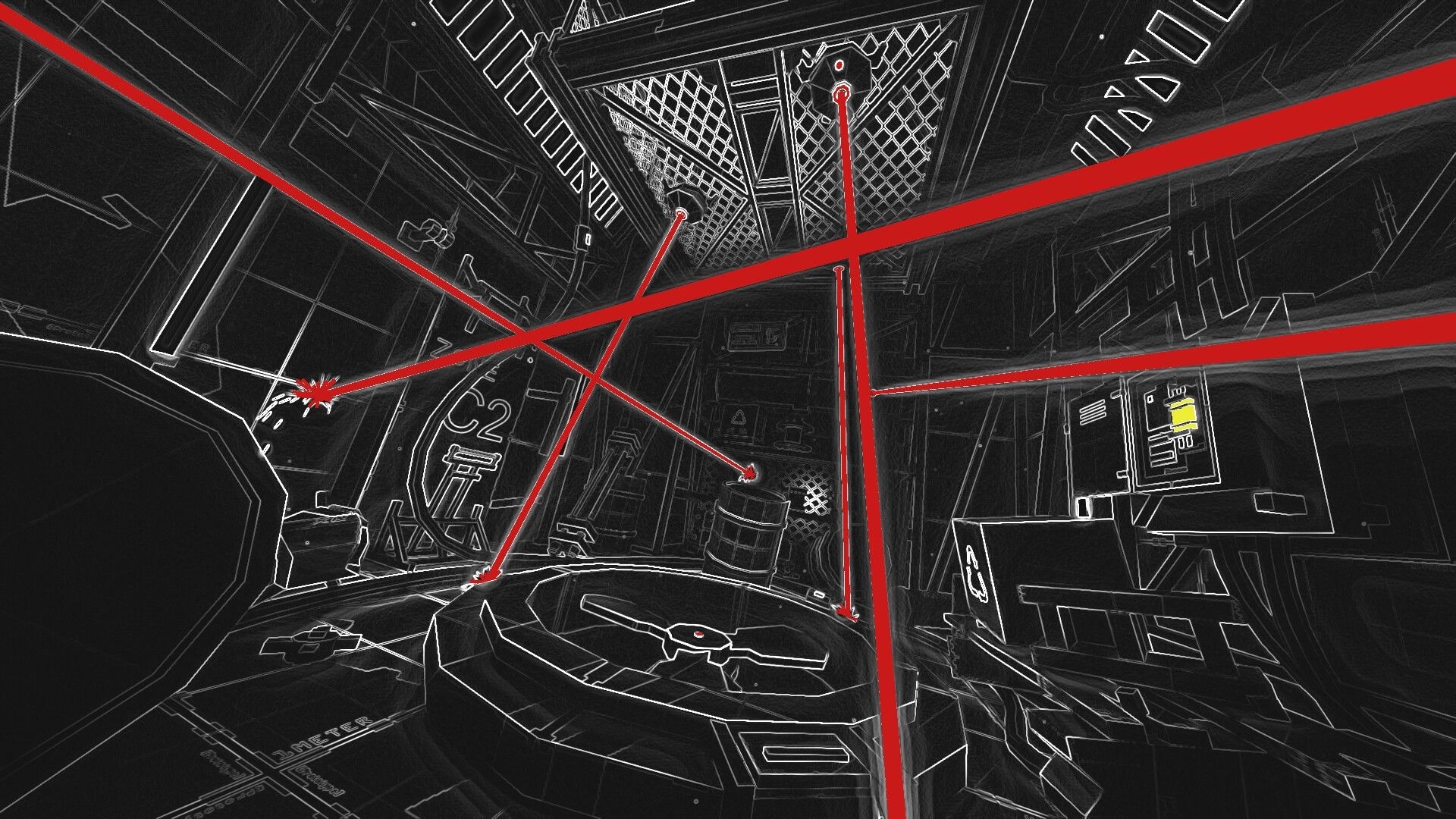 SECTOR ZERO: Red laser grid in a dark, industrial room with control panels and machinery visible