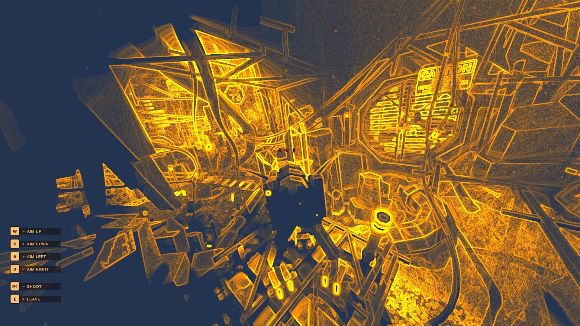 SECTOR ZERO: Neon-lit mining colony interior with HUD showing movement controls and caution sign in view