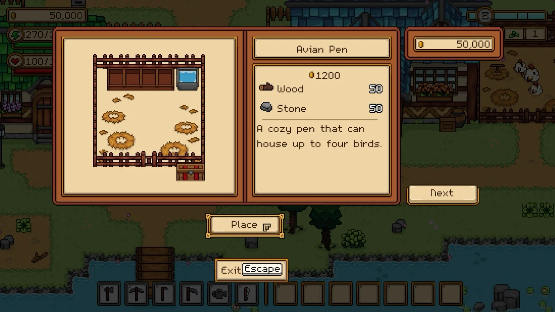 Seeds of Calamity: Avian Pen crafting menu with resource costs in a quaint village setting.